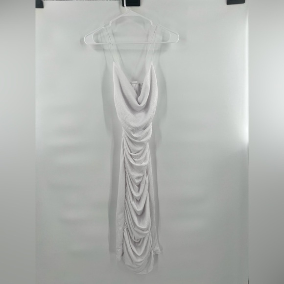 PrettyLittleThing white crinkled texture ruched cowl neck dress 4 - Picture 1 of 8